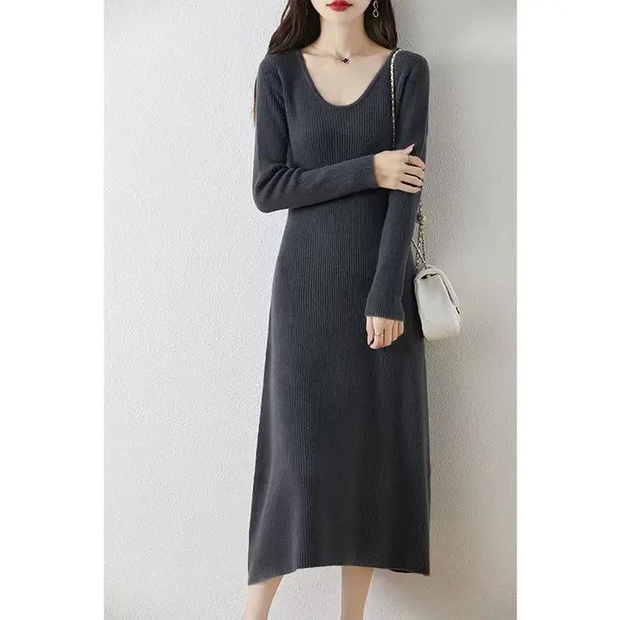 VU col coupe ajustée 100% laine mérinos femmes automne hiver nouveau Style à manches longues chaud couleur unie pull à la mode robe en tricot