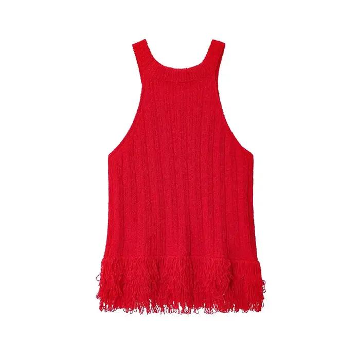 Gland sans manches tricoté gilet haut femmes col rond décontracté automne rouge hauts pullover