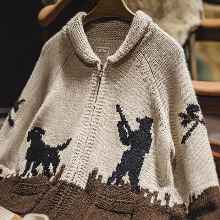 Maden hommes rétro brodé chasse Cardigan zippé pull kaki tricot veste décontracté doux chaud manteau automne hiver mâle vêtements