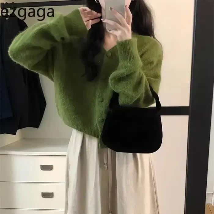 Ezgaga tricoté Cardigan femmes automne hiver mode ample solide col en V vêtements d'extérieur recadrée pull Vintage doux