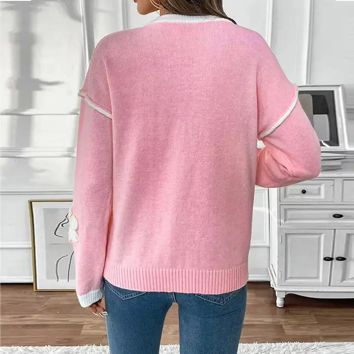 Nouveau Style Pull à Manches Longues Col en V Rose à Fleurs Femme Occasions Spéciales Automne Hiver