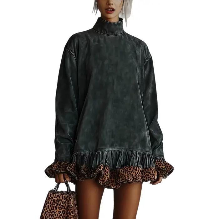 Robe à col roulé et garniture léopard pour femmes, polyester, ample, droite, mini, vintage, confortable, décontractée, rétro, automne hiver