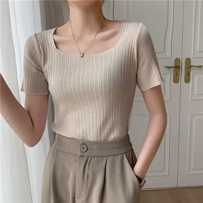 Pull en tricot à manches courtes pour femmes, pull coréen, blanc basique, été