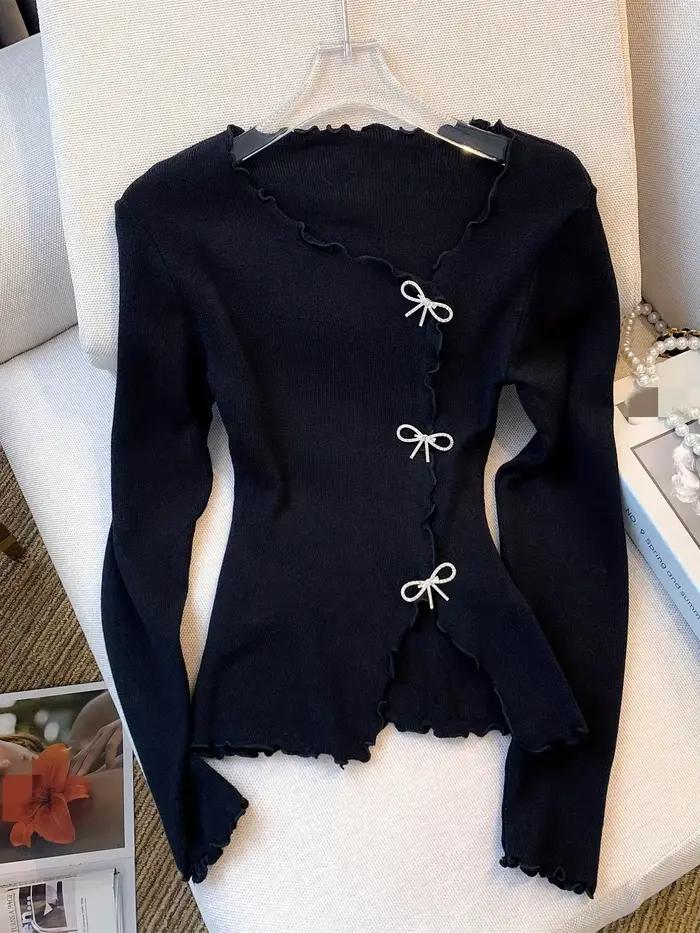 Pull à manches longues abebey garniture laitue unie nœud papillon style Y2K pour femmes décontracté automne printemps occassionnels à offrir
