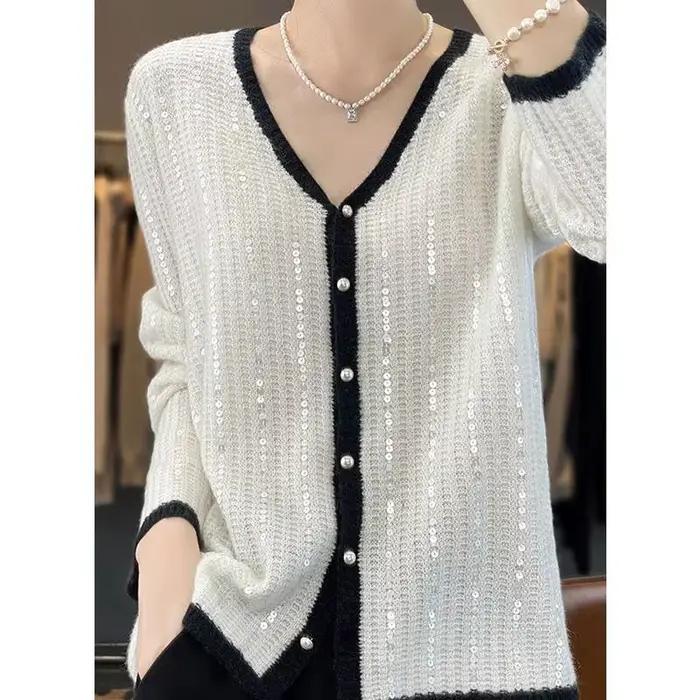 Femmes coréennes pull tricoté paillettes brillant rayé automne hiver Chic Y2k manches longues Cardigan hauts V Ncek veste tricots