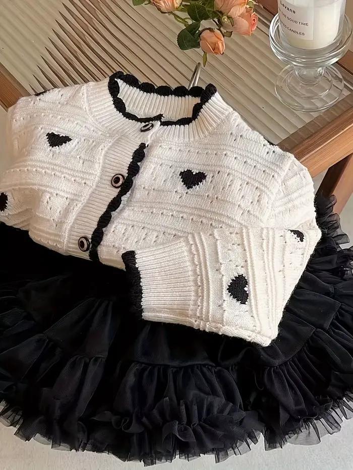 Cardigan d'automne pour filles style coréen en polyester manches longues coeur simple boutonnage pour enfants occasions spéciales