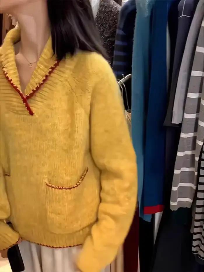 Pull à revers en velours de raton laveur jaune haut de gamme pour femmes en automne et en hiver