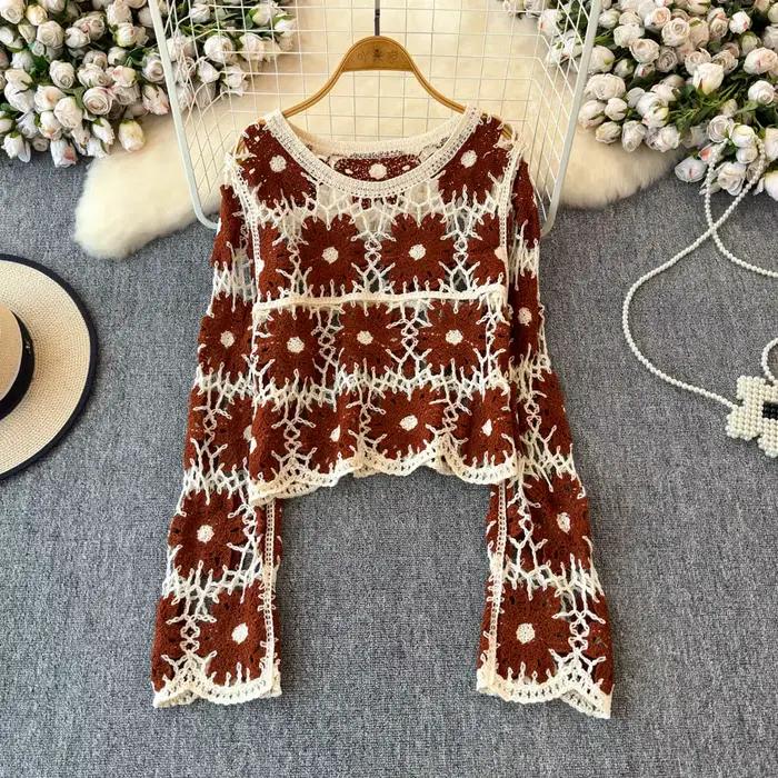 Daisy Crochet Tricot Pull À Manches Longues Sheer Open-knit Crop Top