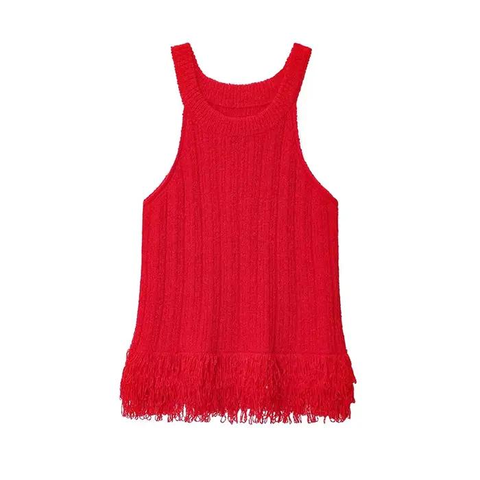 Gland sans manches tricoté gilet haut femmes col rond décontracté automne rouge hauts pullover