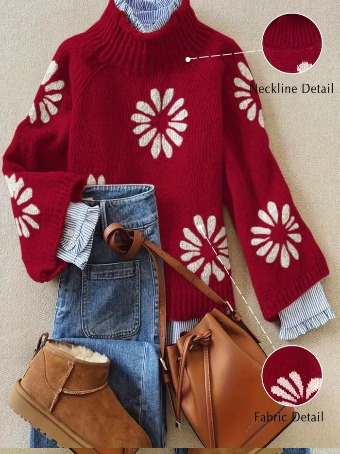 Hiver femmes tricot pull côtelé conception florale à manches longues