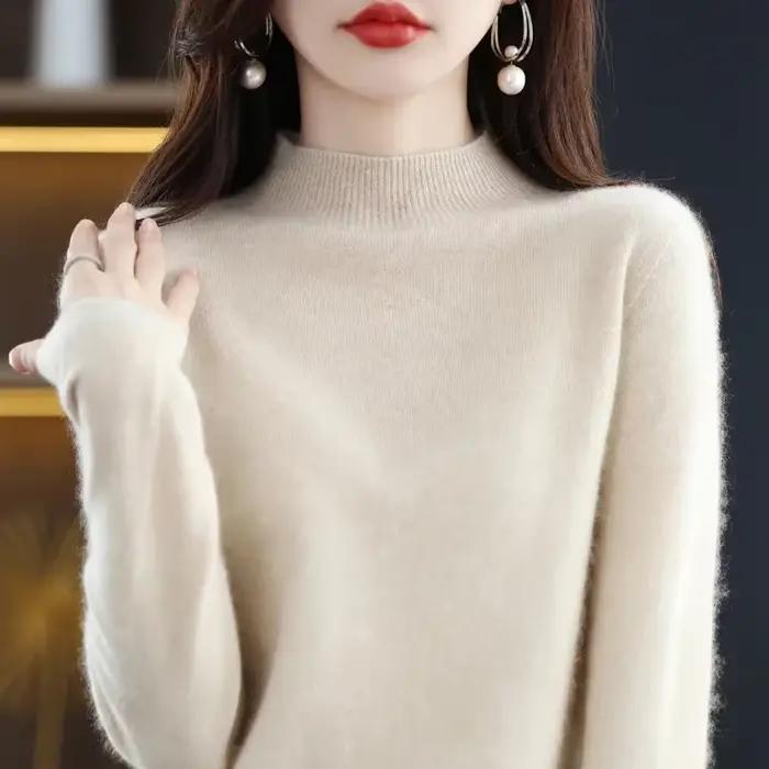 Pull en laine mérinos cachemire pour femmes, col montant, tricoté, confortable et élégant pour les occasions spéciales et le quotidien