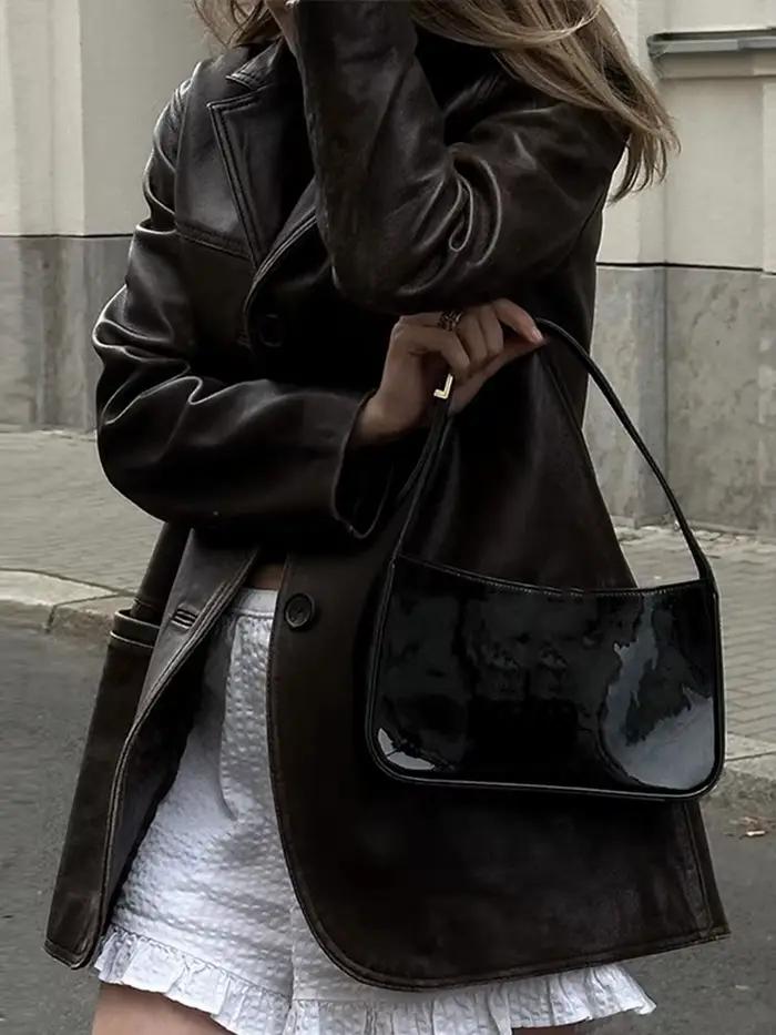 Veste en cuir PU marron vintage pour femme, revers, poche boutonné, style décontracté, automne hiver, manche bouffante, élégance vintage, confort incomparable ```
