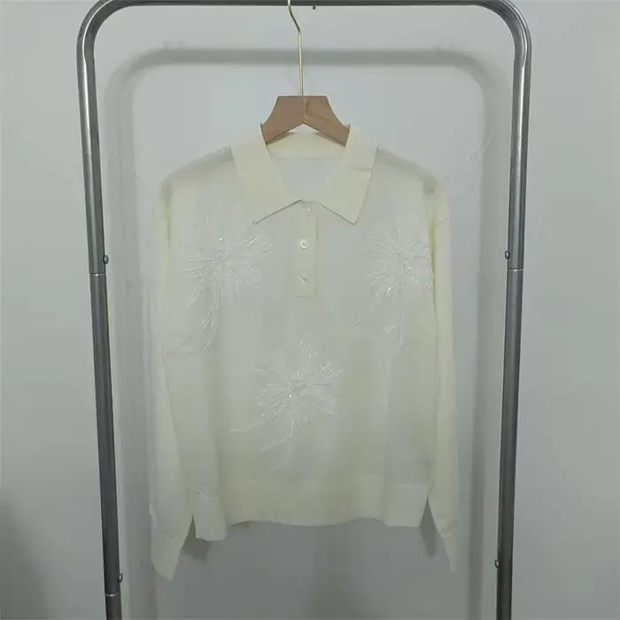 Nouveau Flocage broderie fleur paillettes doux 16 calibre laine tricot pull hauts pour les femmes