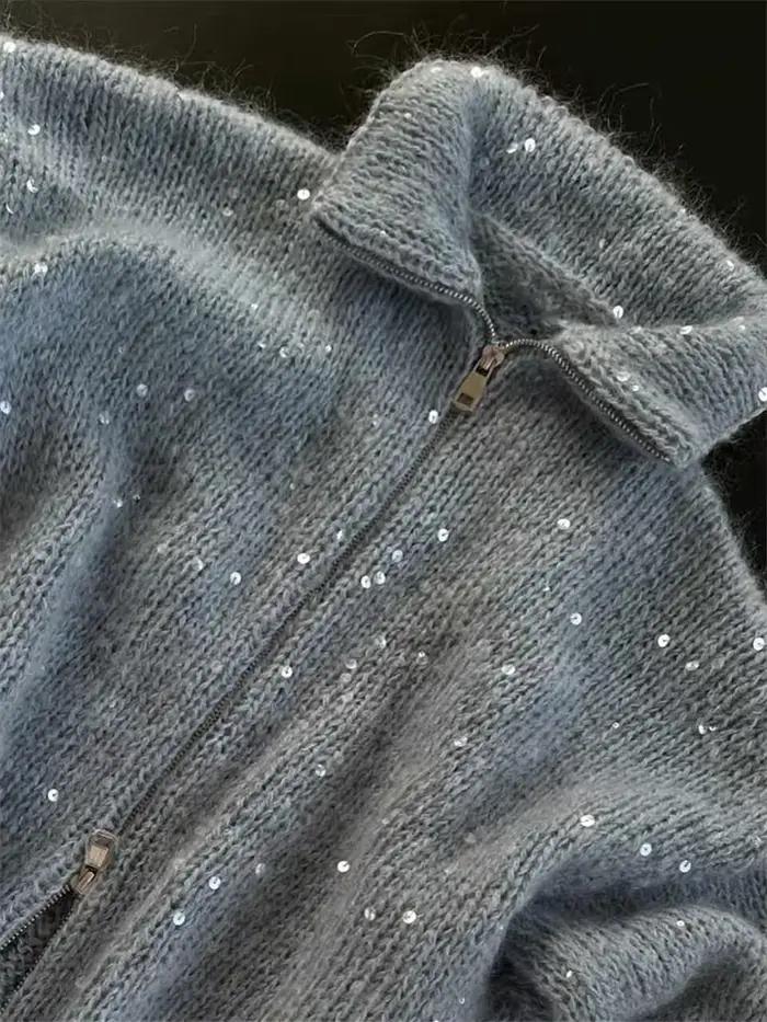 Pull Pailletté Élégant Automne Hiver Femme Style Y2K Occasions Spéciales Tricot Polyester Coton Col Montant Manches Longues