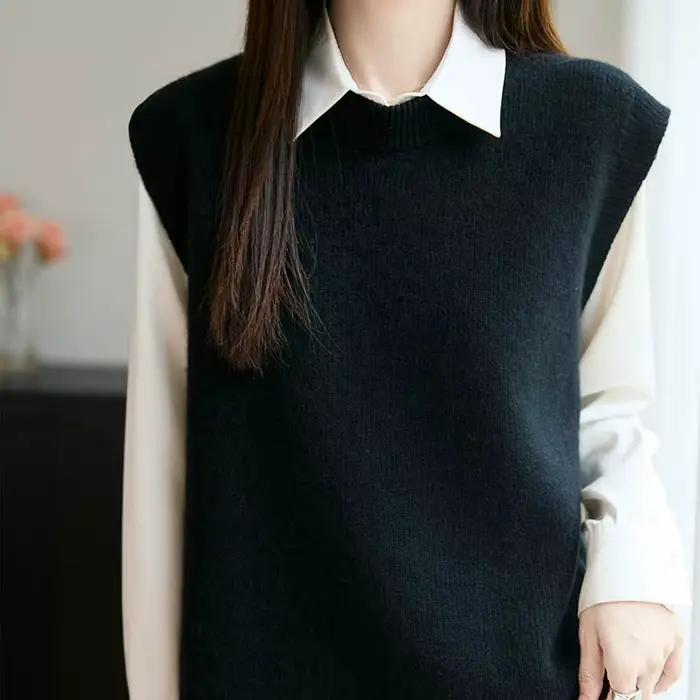 Nouveau pull gilet 100% laine mérinos pour femmes col rond couleur unie tricoté
