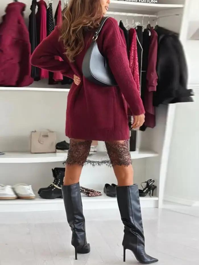Pull à col roulé surdimensionné pour femmes et robe en dentelle à volants