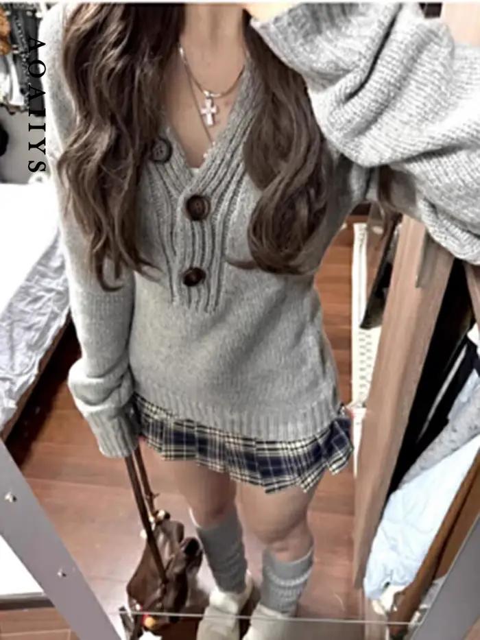 Pull gris Aoaiiys tricoté pour femmes, élégant pull confortable vintage pour les occasions spéciales printemps-automne