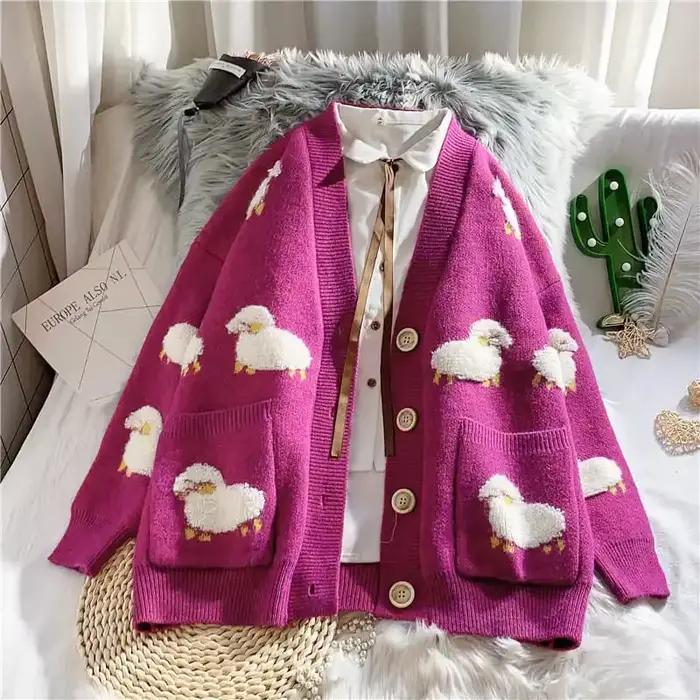 Bleu mouton dessin animé col en v à manches longues pull tricoté en vrac femmes Cardigan mode coréenne hiver épais