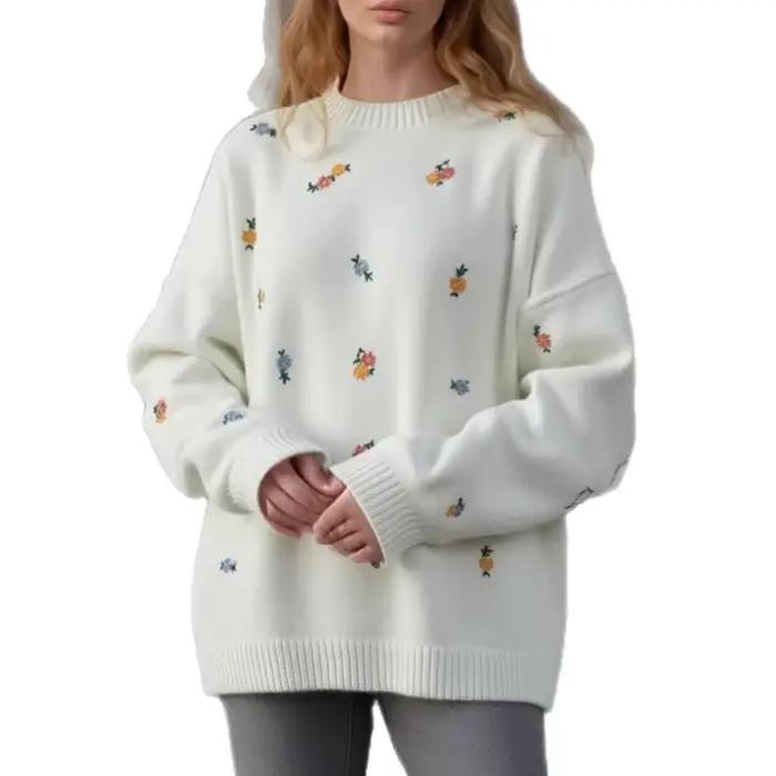 2025 femmes col rond pull automne hiver nouvelle broderie florale lâche tricot