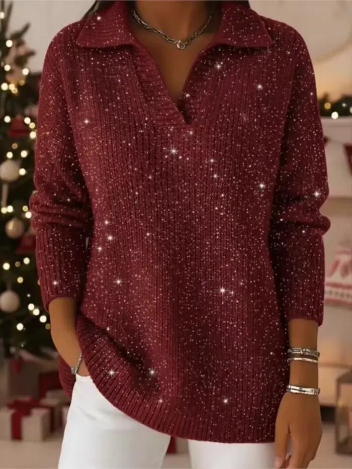 Mode paillettes pull dame décontracté tricot à manches longues col en V