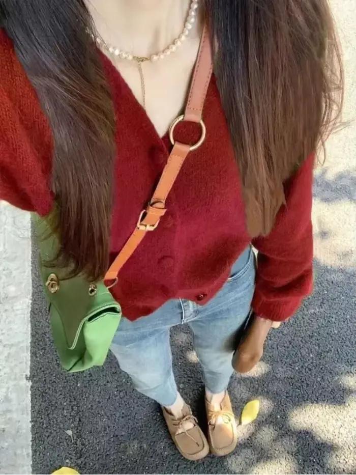 Ezgaga tricoté Cardigan femmes automne hiver mode ample solide col en V vêtements d'extérieur recadrée pull Vintage doux
