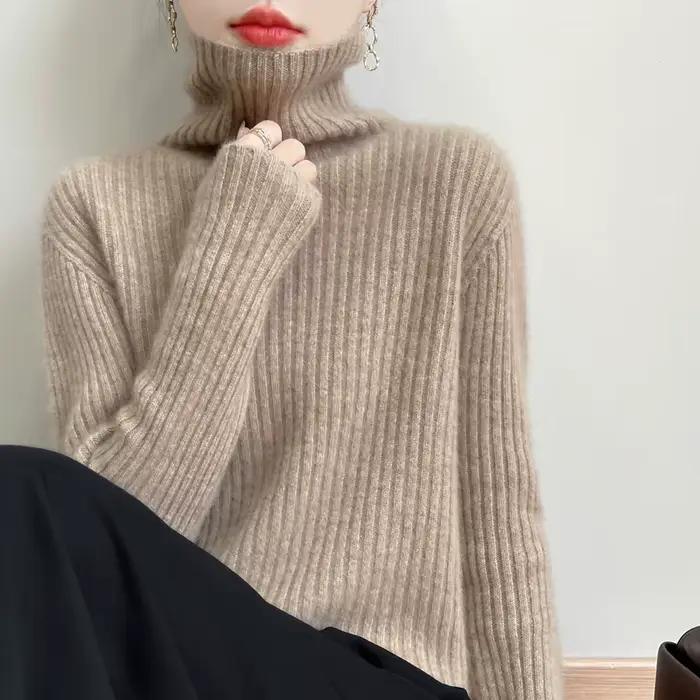 Nouveau cachemire laine col roulé pull femmes automne hiver haut de couleur unie mode tricot femme décontracté épais