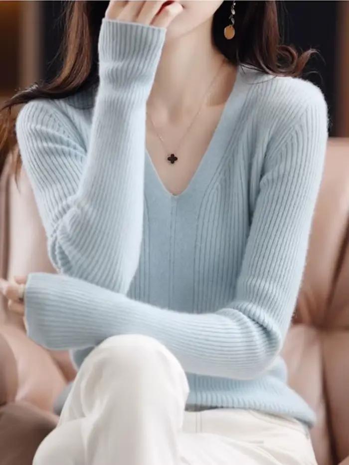 Pull en laine à col en V pour femme