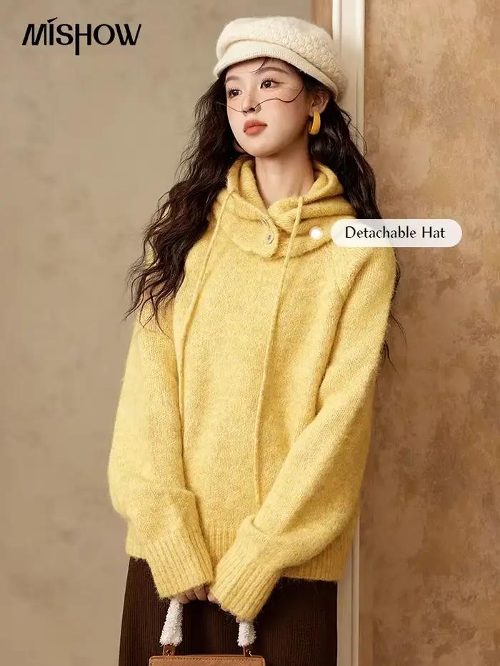 MISHOW pull tricoté à capuche col chaud laine pour les femmes 2025 automne hiver confortable coupe ample décontracté
