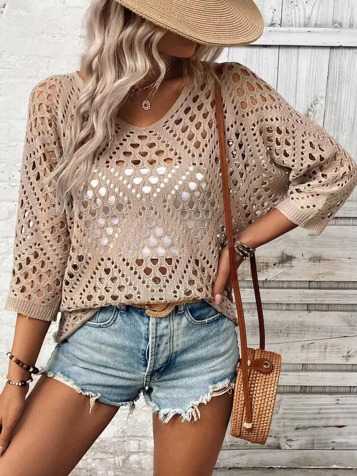 Pull tricoté ample et élégant avec manches ajourées pour femmes, style haut de rue, printemps été, confort et élégance