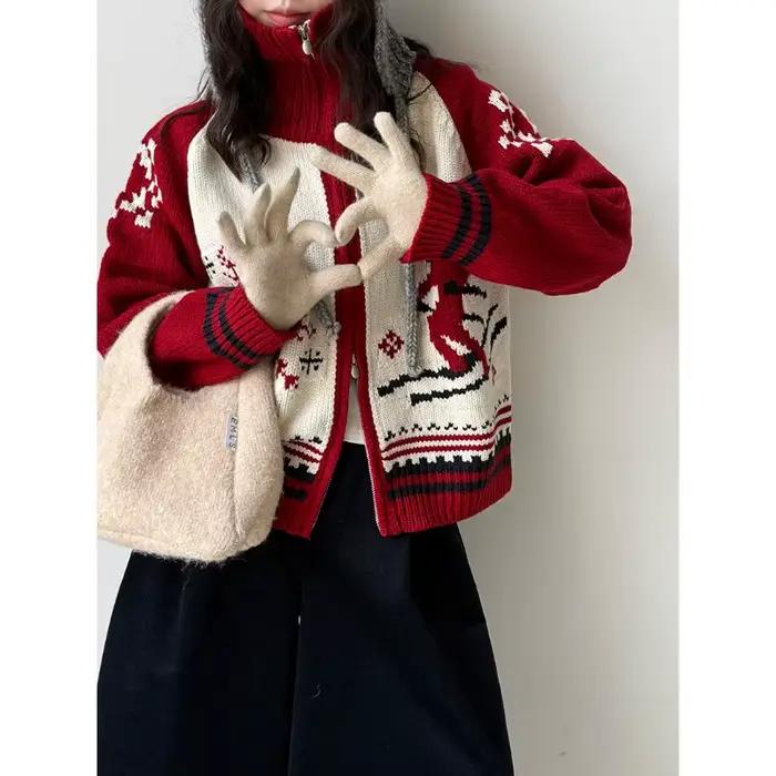 Pull rétro Jacquard à Double fermeture éclair pour femme
