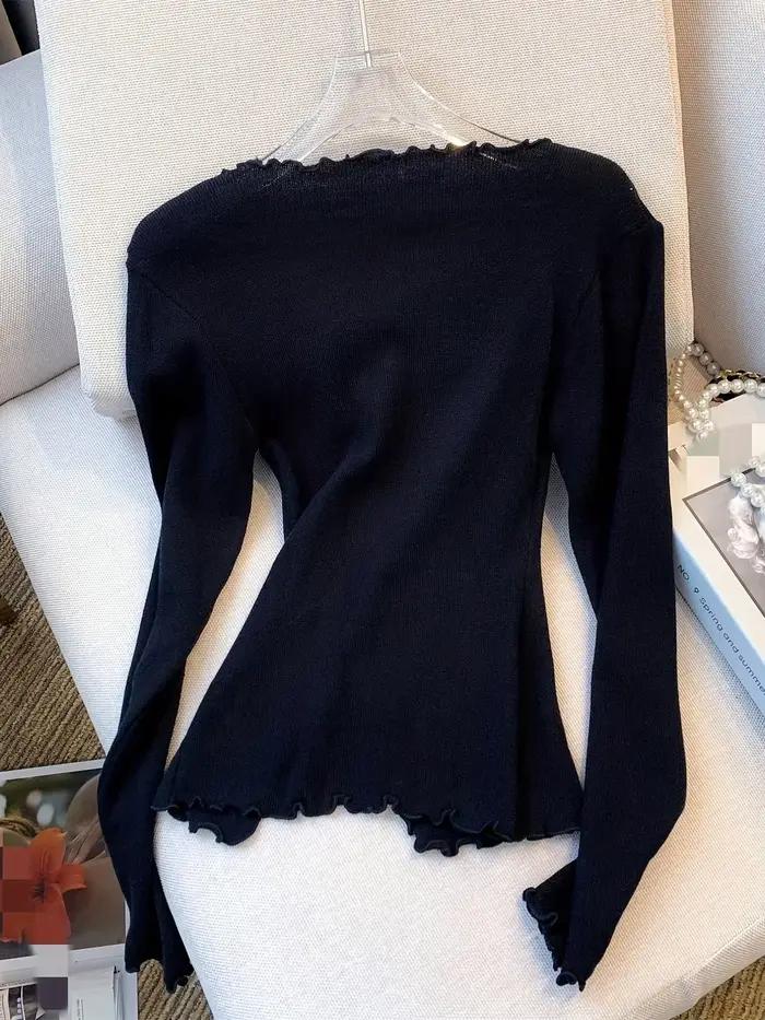 Pull à manches longues abebey garniture laitue unie nœud papillon style Y2K pour femmes décontracté automne printemps occassionnels à offrir