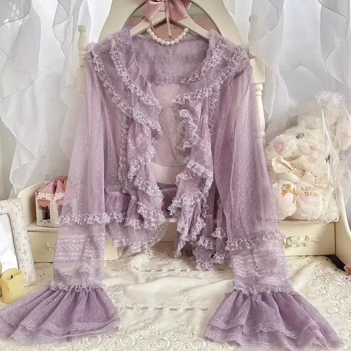 Automne Lolita doux mignon blanc Cardigan chemise femmes décontracté à manches longues couverture en dentelle mince Kawaii filles Blouse Shaw