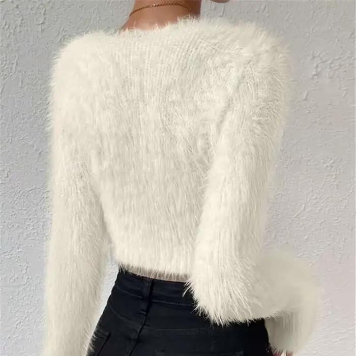 Pull en tricot uni pour femmes, col en V, coupe cintrée, fourrure courte, style bohème, nouvelle collection automne hiver 2025