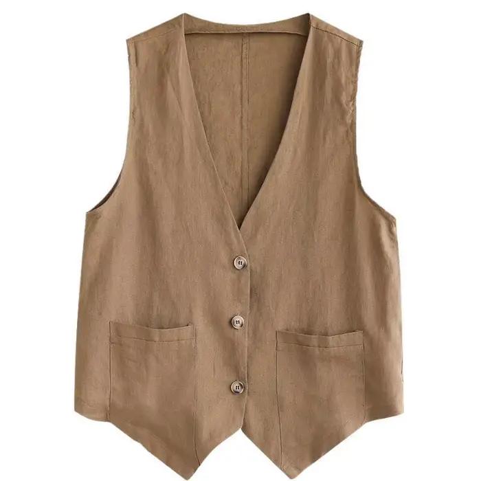 Gilet en lin et coton pour femmes, sans manches, style Boho, col en v, court, décontracté, sur chemise, léger, couleur unie, vêtements d'extérieur, été