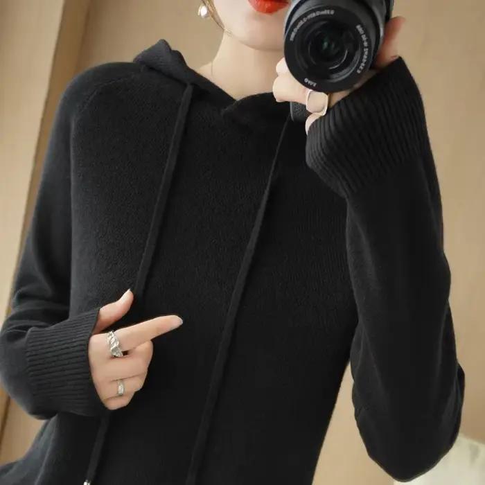 Pull décontracté et épaissi pour femmes, coupe ample, polyester et coton, automne hiver, à capuche, tricoté, lâche, pulls mode coréenne pour occasions spéciales