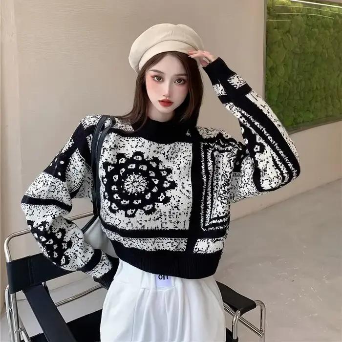 Pull court aux motifs floraux en coton-acétate-polyester pour femmes, style coréen, automne-hiver 2025, extrêmement court, col rond, confort et élégance
