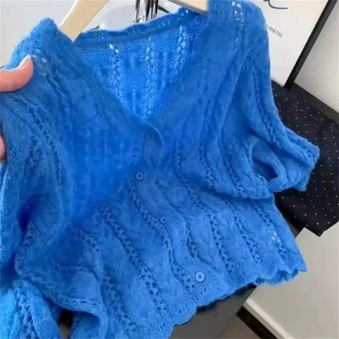 Cardigan bleu délicat à volants pour femme, coupe ample, style décontracté, printemps et automne, col en V, polyester, simple boutonnage, occassions spéciales