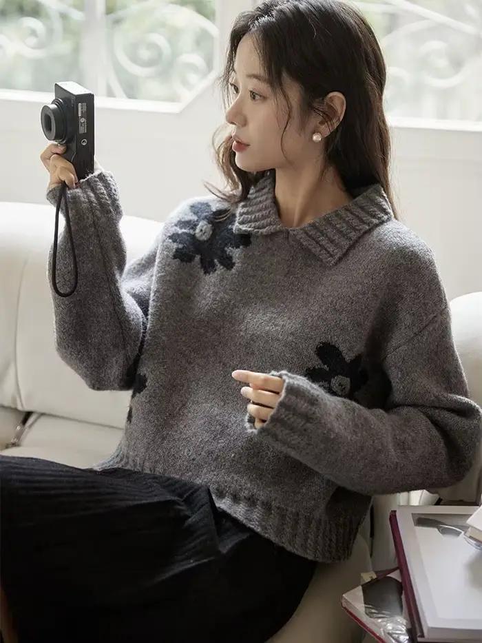 Pull à revers gris à fleurs rétro français pour femmes