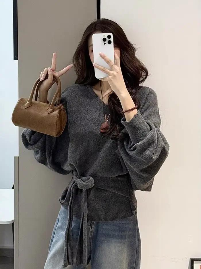 Pull en tricot pour femmes, vêtement col en V, manches chauve-souris, coupe ample, style bureau dame, automne hiver, acrylique élasthanne polyester, à lacets, léger et confortable, pour femmes de 18-24 ans, occassions spéciales et quotidienne