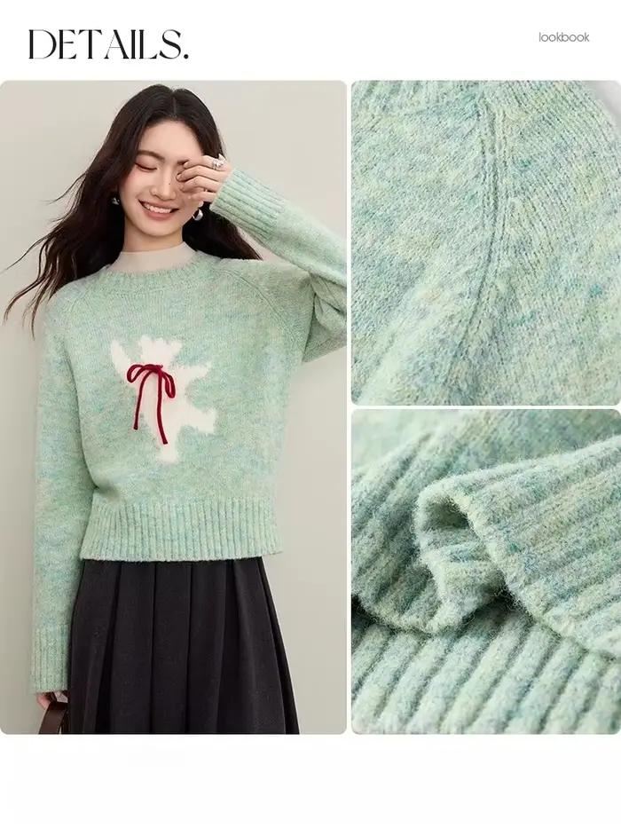 Pull femme SENTUBILA à col rond contrastant avec nœud et lacets