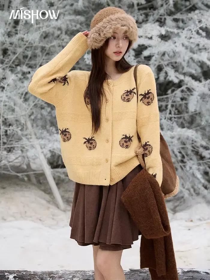 MISHOW Cardigan femmes 2025 automne hiver mode Fuuny ananas Jacquard col rond simple boutonnage pull femme MXE87Z2752