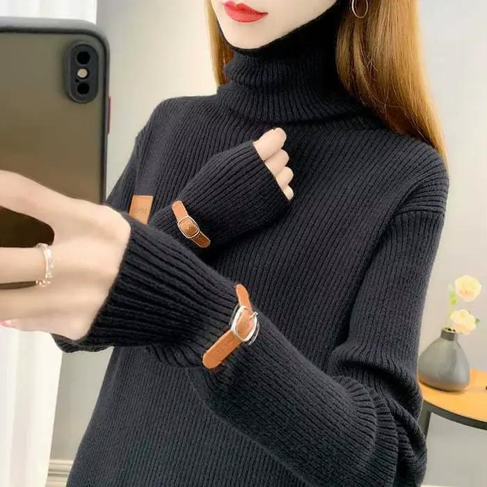 Pull tricoté col roulé uni tendance pour femme – Nouveauté automne – Haut décontracté ample style coréen