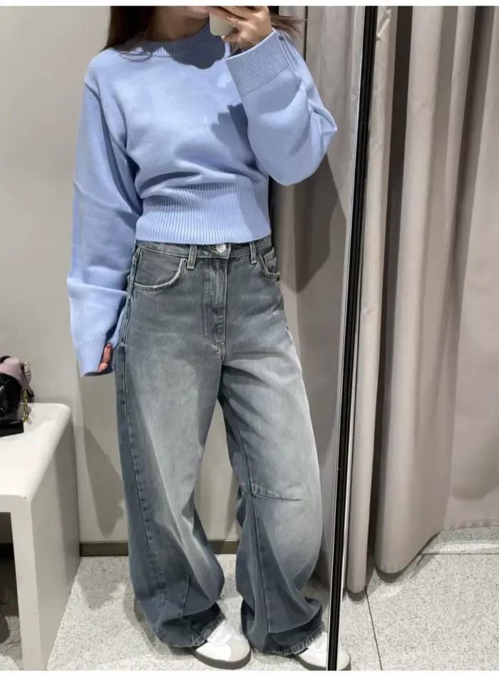 Pull tricoté à manches amples et col rond pour femme