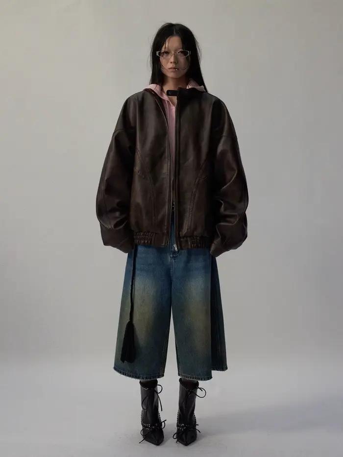 Lautaro automne Cool beau en détresse marron surdimensionné veste en cuir Pu femmes fermeture éclair col montant américain rétro vêtements