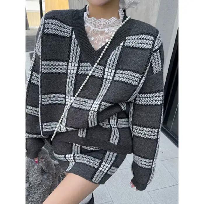 Ensemble pull à carreaux haut de gamme pour femmes