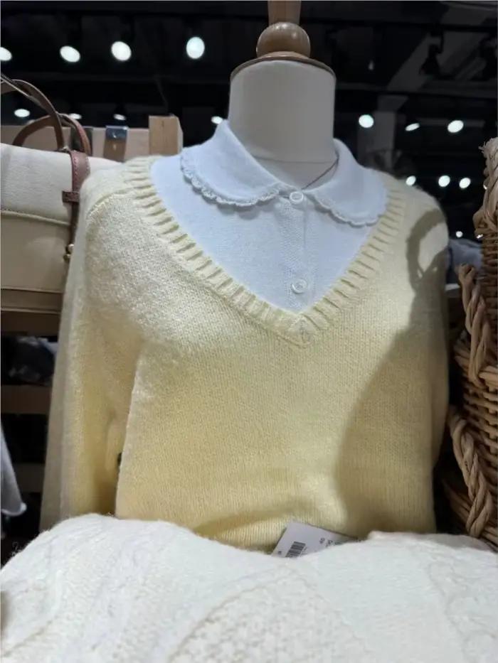 Pull tricoté jaune doux pour femme, col en V, style Y2K, décontracté et chic, pour automne hiver