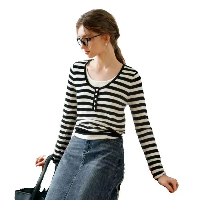 Pull OLrain rayé pour femmes, automne 2024, tricot simple, deux pièces à manches longues, chemise, style élégant, confort durable, occasions variées