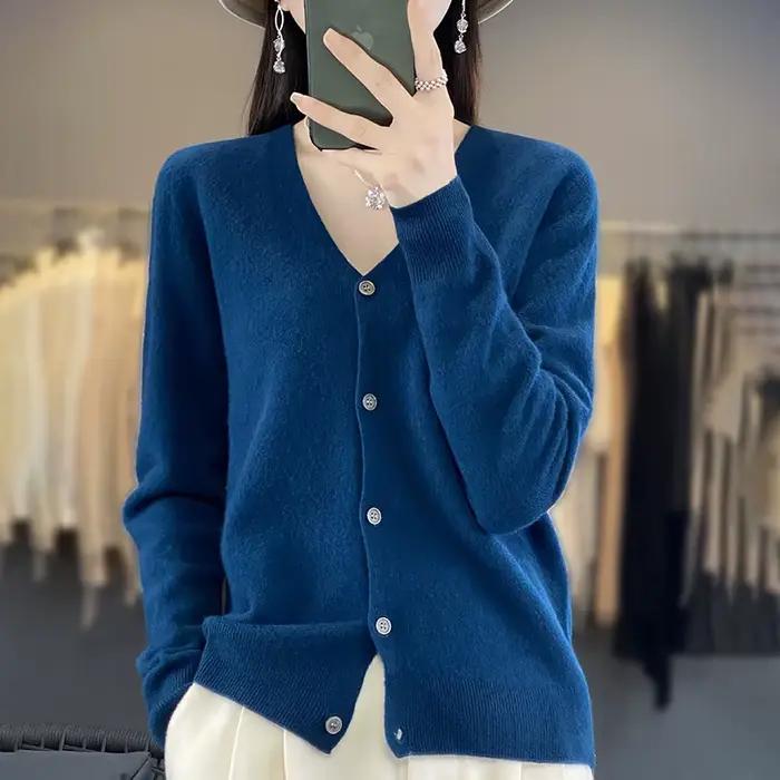 100% laine mérinos pull automne hiver femmes nouveau col rond solide tricoté Cardigan décontracté cachemire tricots à manches longues doux hauts