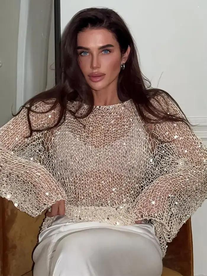 Bleu Ciel Pull Évidé Pailletté Femme Chic Mode Printemps 2025 Occasions Spéciales Élégant Col Rond Manches Longues