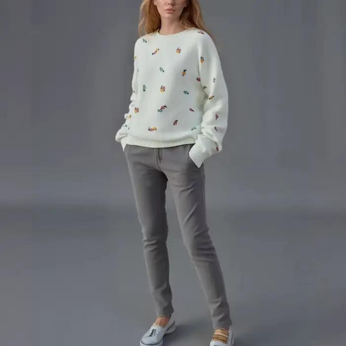 2025 femmes col rond pull automne hiver nouvelle broderie florale lâche tricot